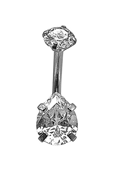 MAZEN 316l Paslanmaz Kararmaz Cerrahi Çelik Damla Şekilli Zirkon Taşlı Göbek Piercingi Gümüş Renk