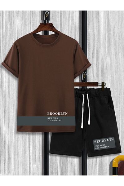 Sky Light Unisex Brown Brooklyn Printed T-Shirt Black Shorts