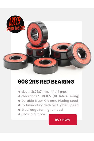 Choice 608RS RED BEARING x8 FUSHI Skateboard Ball Bearings 608rs, Size 8x22x7 mm ABEC-9, High Speed Red Oil
