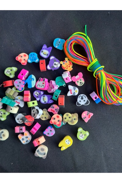 Bijumix Aksesuar 25 Adet Figürlü Fimo Boncuk 5 Metre Gökkuşağı Paraşüt İpi Ta...