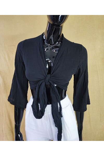 Sosyete Kaplumbağa Muslin Cotton Double-Breasted Tie-Up Three-Quarter Sleeve Bustier