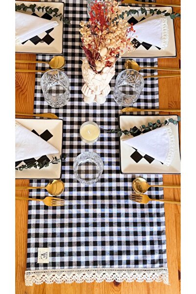 EVYA Pötikare Duck Linen Runner - 40x110 cm Serviciu american vintage, dantelă din bumbac pentru masă și bucătărie