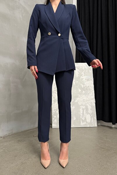 msm fashion Női kétrészes blézerkabát nadrágkosztüm, redős és gombos részletekkel ellátott csőszár