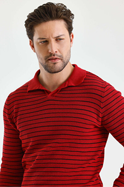 BLUE STREET Erkek Patlı Slim Fit Çizgi Detaylı Uzun Kollu Polo Yaka Triko Kazak