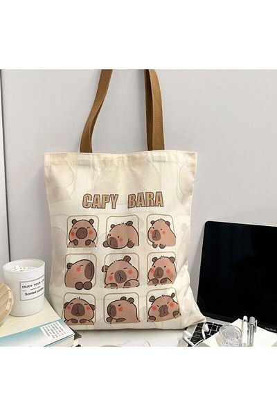 Choice 4 Cartoon Capybara Print Canvas Tote Bag Organizer Reusable Women's Eco Friendly Portable Shopping .