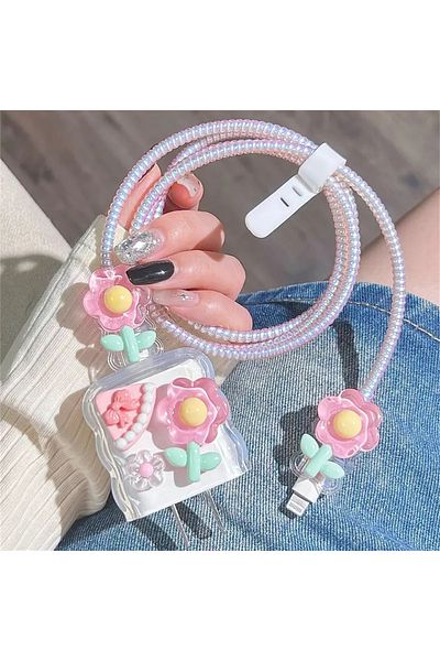 Choice غطاء حماية كابل شاحن على شكل زهرة وردية ثلاثية الأبعاد Lt-a042-wpinkflower لهاتف Iphone 15 14 13 Pro Max 18w 20w