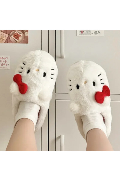 Miniso شبشب هيلو كيتي من سانريو، مقاس 36-37 (22.5-23 سم)، شبشب هيلو كيتي القطيفة، شبشب داخلي دافئ للشتاء، بتصميم كرتوني