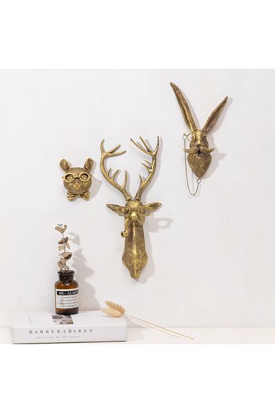 Choice Antique Bronze Resin Animal Pendant Golden Deer Head Wall Storage Hook Up Background Wall Accesso...