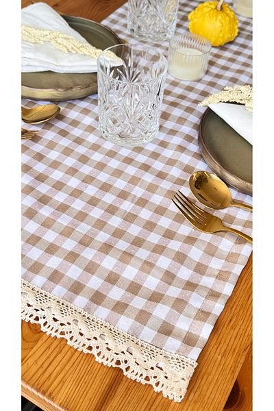 EVYA Gingham Duck Linen Runner - 40x110 cm Vintage Placemat, Βαμβακερή Δαντέλα Τραπεζαρία και Κουζίνα