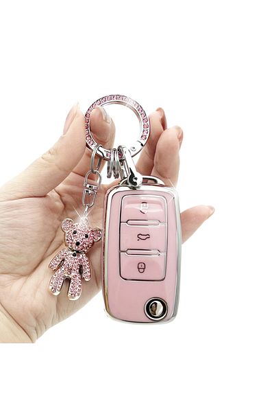 Choice Pink Exquisite Key Fob Cover With High-end Violent Bear Artificial Diamond Keychain ,soft Tpu Key Ca