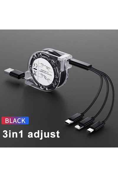 Choice كابل تلسكوبي 3 في 1 أسود مناسب لهاتف Apple Type C Android المحمول 3a شحن سريع USB Ca