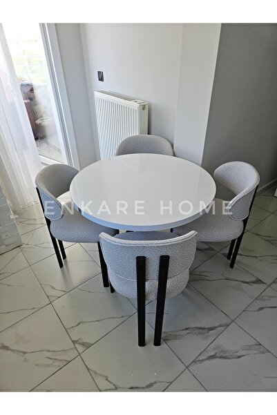 Enkare Badem Masa Sandalye Takımı, Yuvarlak Masa Takımı, Teddy Kumaş, 4 Kişilik, İskandinav, 90x90