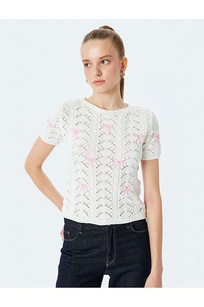 Koton Bow Short Sleeve Openwork Slim Fit Crew Neck Knitwear Sweater