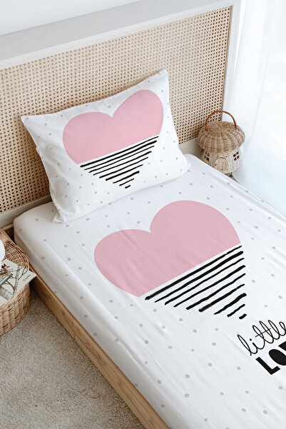 Tuğba Kuğu Tek Kişilik Lastikli Çarşaf Seti - Pure Baby Serisi - Pembe Çizgili Kalp