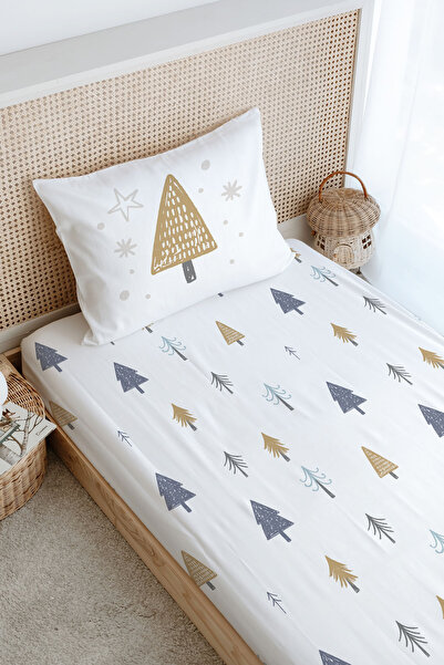 Tuğba Kuğu Tek Kişilik Lastikli Çarşaf Seti - Iconic Serisi - Yılbaşı Ağaçları