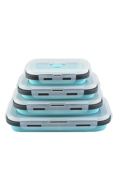 Choice Grey Blue One Layer 4pcs Foldable Silicone Lunch Box Portable Microwave Heated Lunch Box Square Sili