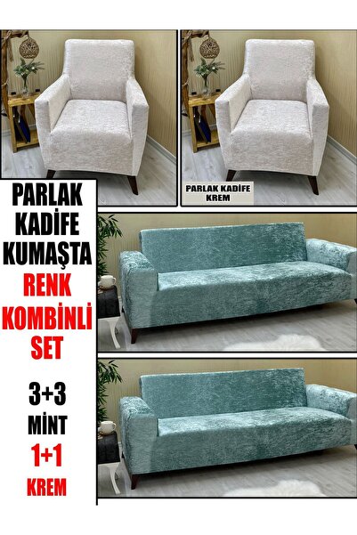 KILIFSAN PARLAK KADİFE KUMAŞ RENK KOMBİNLİ 2 ADET ÜÇLÜ & ÇEKYAT- 2 ADET TEKLİ...