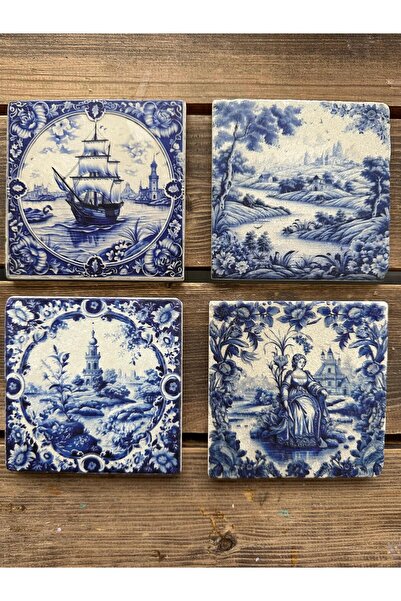 woodhomeworks مجموعة من 4 كوستر من الحجر الطبيعي المطبوع باللون الأزرق