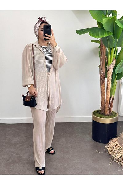 Aselim Hijap Moda Set din satin bej marime mare - plisat