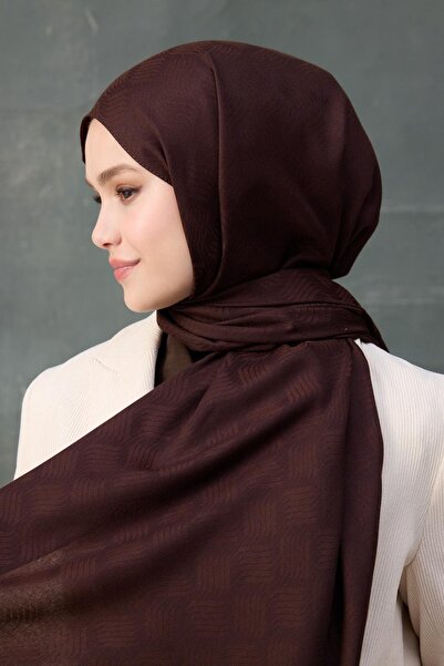 İpekhan Aci Brown Silkworm Twist Pattern Cotton Jacquard Shawl 8009