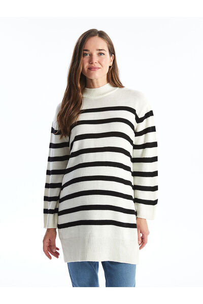 LC Waikiki Black Stand Collar Striped Oversize Women's Knitwear Tunic