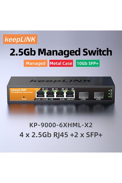 Choice مفتاح مع قابس الاتحاد الأوروبي Keeplink مفتاح مُدار متعدد الجيجابت مزود بـ 6 منافذ مع 4-2.5 جيجابايت Rj45 و2-10 جيجابايت SFP