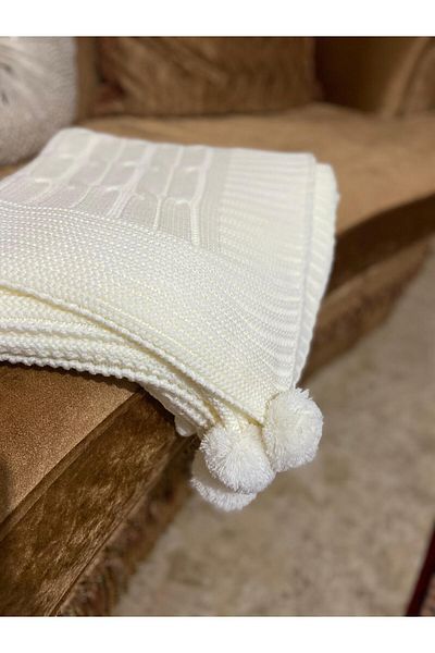 YGT Home Begonia 4 Pompom Knitwear Tv Blanket - 130X170 Knee Blanket, Sofa Shawl