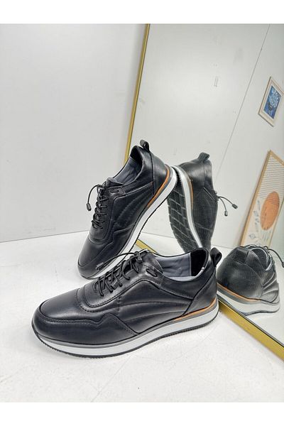 İmerShoes Casual Men's Black Shoes Inside and Outside Genuine Leather Rubber Laced White Sole Comfort Sneaker 5080