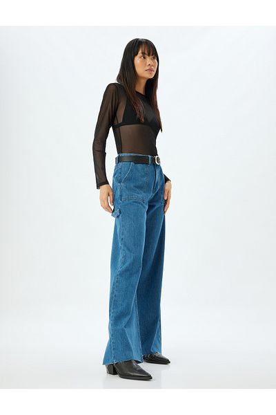 Koton Wide Leg Jeans with Pocket Detail Regular Waist Cutout Leg Cotton - Wide Leg Jeans