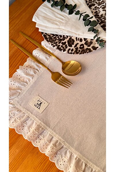 EVYA 40X110 cm Scalloped Ruffled Bohemian American Service - 100% Cotton Raw Linen Runner, Dining Table