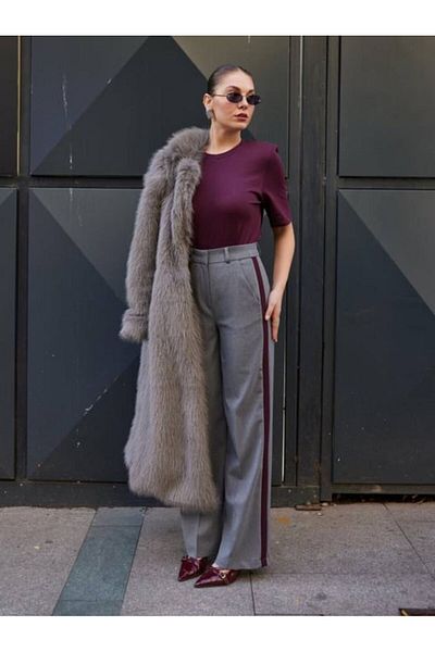 My Blog Gray - Burgundy Garnished Palazzo Trousers - 51092