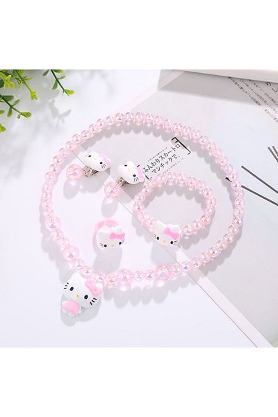 Choice 1 Cartoon Hello Kitty Necklace Hairclips Ring Earring Set Kawaii Sanrio Kids Hairpins Cute Girl Hea.