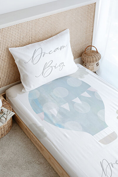 Tuğba Kuğu Tek Kişilik Lastikli Çarşaf Seti - Pure Baby Serisi - Bulutlu Mavi Hava Balonu