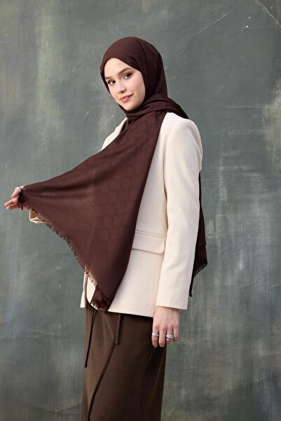 İpekhan Aci Brown Silkworm Twist Pattern Cotton Jacquard Shawl 8009