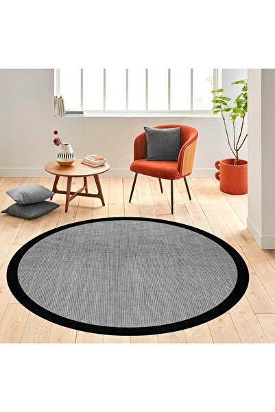 Hevia Home Covor de bucătărie lavabil, anti-alunecare, gri cu cadru negru - Covor rotund pentru hol