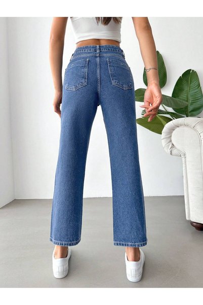 Noxter Pantaloni de damă din denim cu talie înaltă, spălat închis