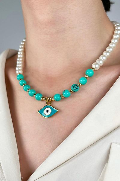Sose Moda Evil Eye End Pearls and Beads Necklace - Turquoise