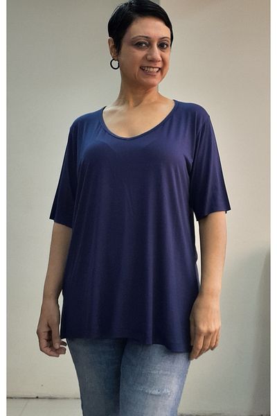 Mertcan Butik Sötétkék V-nyakú, rövid ujjú fésült pamut viszkóz póló