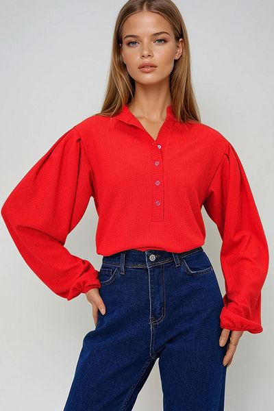 VAGGON Bluză cămașă texturată cu guler și mânecă cu balon de culoare coral - Prmx11872