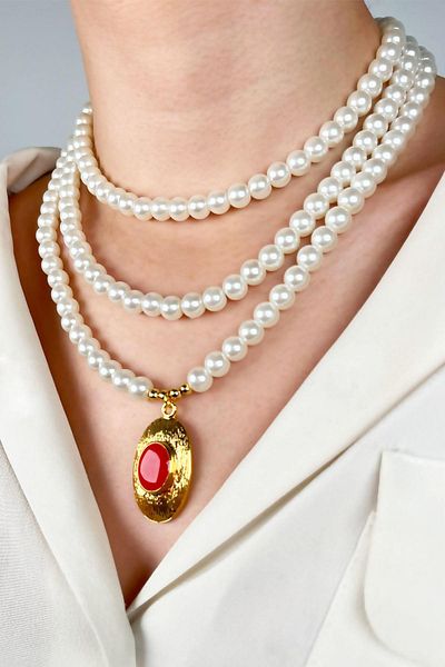 Sose Moda Three Rows of Pearl Design Necklace with Gold Plated Ends - Red
