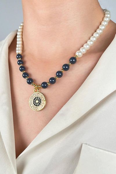 Sose Moda Smoked Zodiac Medallion End Pearl and Bead Necklace