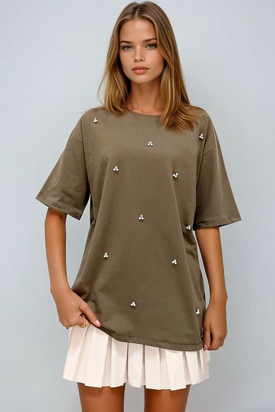 VAGGON Γυναικείο μπλουζάκι Khaki Color Oversize Stone and Pearl Detailed Crew Neck - Prmx11964