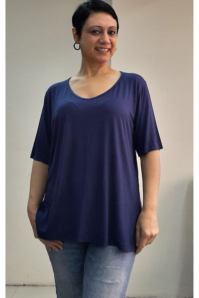 Mertcan Butik Sötétkék V-nyakú, rövid ujjú fésült pamut viszkóz póló