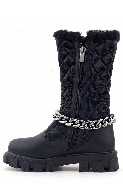 Rakerplus Siyah Uzun Fermuarlı Zincir Detaylı Kız Çocuk Yağmur Çizmesi