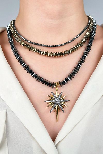 Sose Moda Natural Hematic Stone Design Necklace with Polar Star End - Smoked