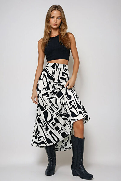 VAGGON Women's Black Tie-Dye Patterned Elastic Waist Comfortable Cut Skirt