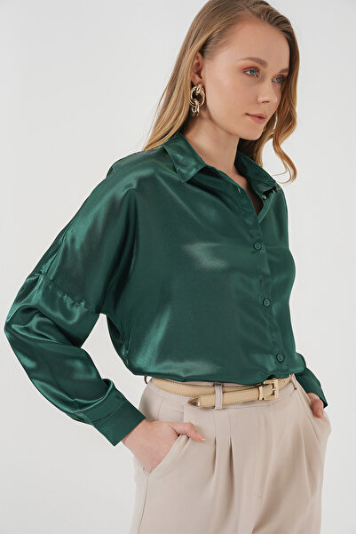 Bigdart 3985 Oversize Saten Gömlek - Zümrüt Yeşili