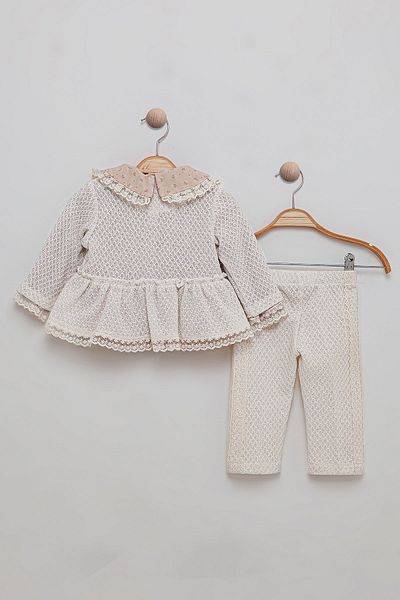 Bombili 3-Piece Baby Girl Set with Lace Collar, Elastic Waist, Jacket, Blouse, Pants Combination