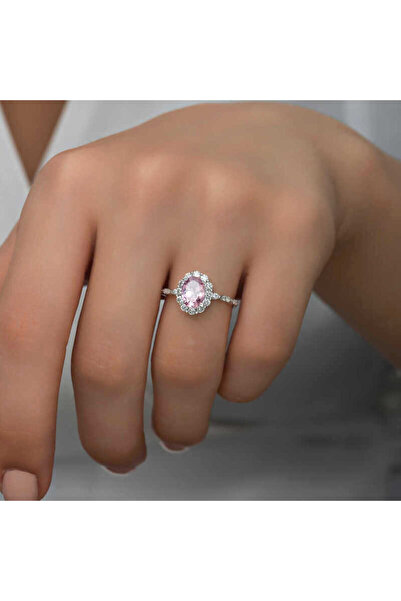 Gumush Gümüş Pembe Oval Taşlı Kadın Yüzük