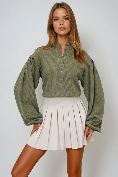 VAGGON Bluză pentru femei, kaki deschis, cu guler judecător, cu nasturi în față, cu mânecă cu balon, cămașă înfășurată cu textura Prmx11872